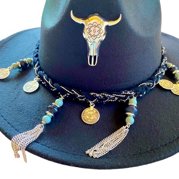 Black Siver Cow Skull Metal Tassels Western Cowboy Hat NEW - Picture 4 of 4